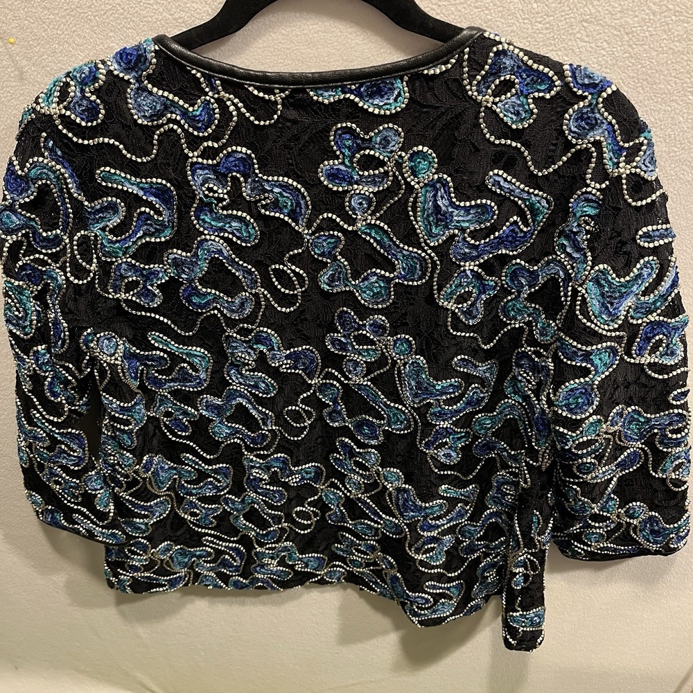 Dennis Basso Women's Black Aqua Blue Embroidery Lace Lined Jacket Size US 12 NEW - Picture 10 of 16